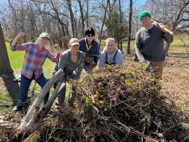 Volunteers posing with honeysuckle they had removed
